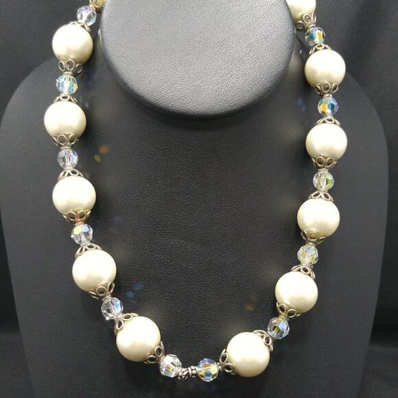 Vintage Glass Pearls Crystal Beaded Necklace, Silver Clasp, Strung on Wire, 17" - Picture 5 of 11